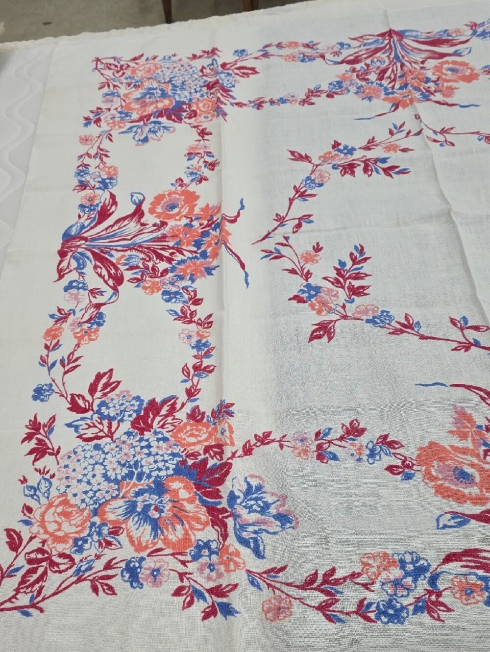 Floral Printed Tablecloth in White with Pink and Blue Accents - Picture 6 of 6